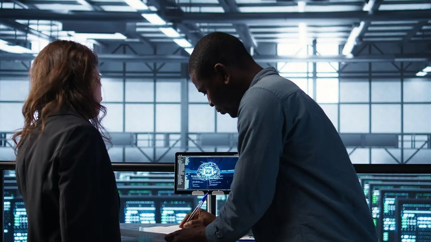 Reunión de un gerente con un cliente en un centro de datos para revisar archivos, dándose la mano.